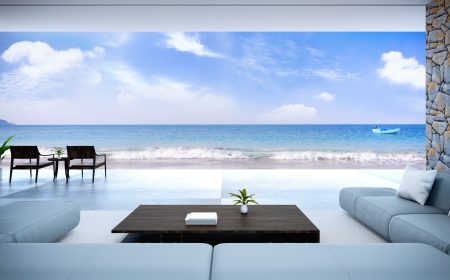 modern room interior  near beach with  sky and sea view /3d render